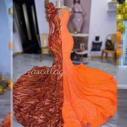Oranje prom sparkle jurken voor zwart meisje 2024 pure nek zeemeermin feestjurken lange mouw een schouder pailletten Vestidos de festa