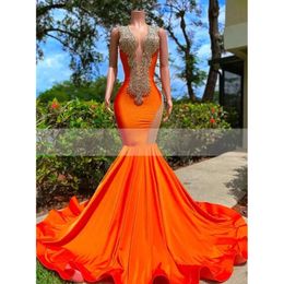Orange rouge sirène longues robes de bal pour filles noires cristaux perlé robin de soirée profonde V