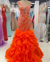 Orange Ruffels sirène robes de soirée pour les filles noires 2023 luxe africain perlé O cou formelle bal robes de soirée robes de gala