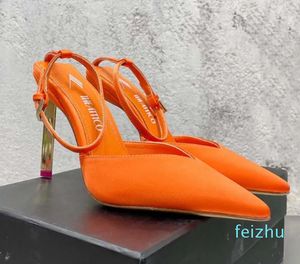 Sandales orange satin soie bloc talon chaussures habillées pour femmes à bout pointu designers de luxe usine