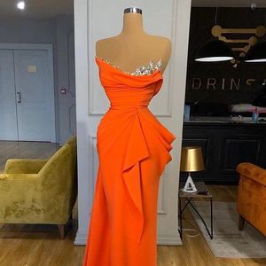 Robe de soirée en Satin Orange, tenue longue plissée avec cristaux, style sirène, avec traîne à balayage, tenue de soirée Cocktail, 2021, 2589