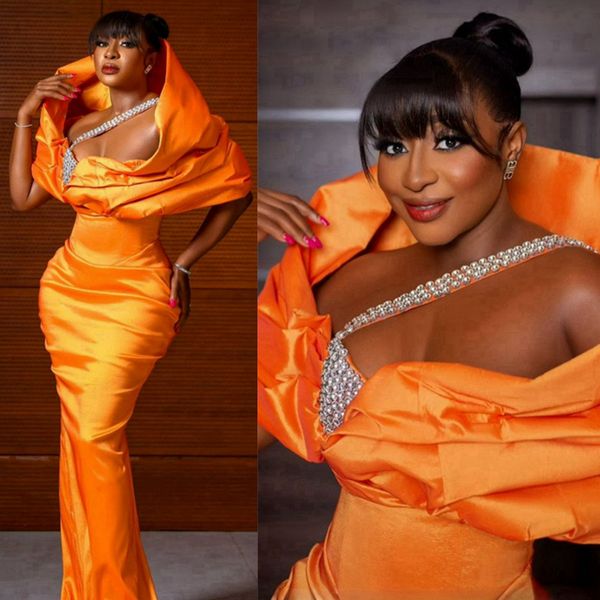 Robes de bal en satin orange pour femmes noires Nigeria robes de soirée sirène perlées africaines robe de fête d'anniversaire élégante deuxième robes de réception robe de dîner NL488