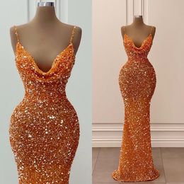 Oranje lovertjes zeemeermin prom jurken sexy spaghetti v nek feestjurk avondjurken vrouwen jurken vestido de noche