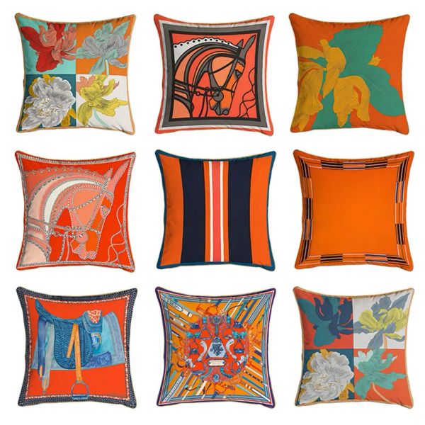 Housse de coussin série Orange, taie d'oreiller avec impression de fleurs de chevaux, pour la maison, chaise, canapé, décoration, taies d'oreiller carrées en vente européenne ZZ