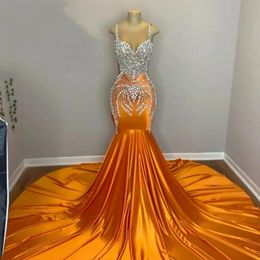 Orange sexy sirène robes de bal 2023 pour les filles noires perles de luxe Robe de fête en strass