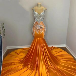 Oranje sexy zeemeermin prom jurken 2023 voor zwarte meisjes luxe kralen Rhinestone feestjurk avondjurk robe de bal aso ebi ritsing gw022 210o