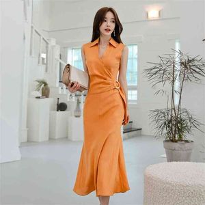 oranje shirt jurk zomer korea mouwloze v-hals sundress sexy dames kantoor lange maxi jurken 210602