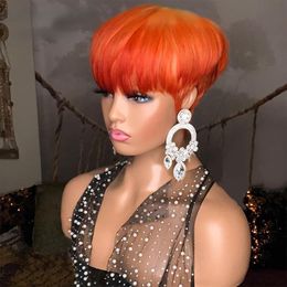 Orange courte humaine perruques avec frange brésilienne Remy Pixie Coupue pour femmes noires cheveux raides enterré brun ombre sans glue sans perruque en dentelle