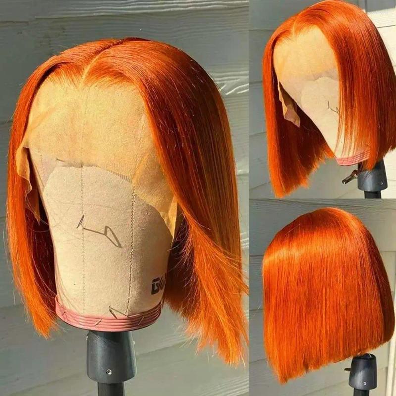 Laranja curta reta bob peruca 13x4 renda transparente frontal perucas de cabelo humano densidade 180 para mulher negra