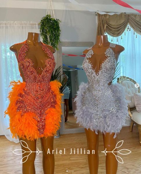 Orange Silver Sparkly Short Prom Homecoming Robes For Black Girl 2024 Luxury Diamond Feather Birthday Gala Robe de fête