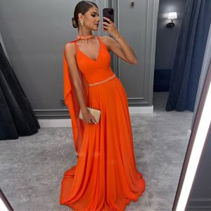 Oranje spaghetti -riem avondjurken met cape bead taille boho prom jurk chiffon sweep trein dames beroemdheid Vestidos 2023