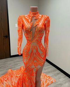 Robe de bal en dentelle Orange scintillante, tenue de soirée sirène, manches longues, col haut, fente haute, Image réelle, 2022