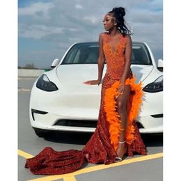 Oranje sprankelende lange avond verjaardagsjurken voor zwart meisje 2024 Gillter Diamond Feather Veet Prom jurk Vestidos de gala 0431