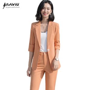 Costume orange Summer Casual Business Tempérament formel Slim Blazer et pantalon Bureau Dames Mode Work Wear Blanc 210604