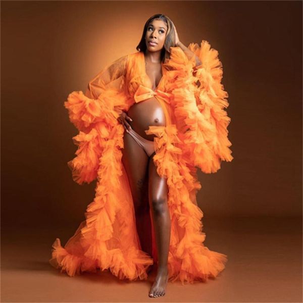 Orange Tulle Maternité Vêtements De Nuit Robes Volants Grossesse Femmes Robes pour Photoshoot Boudoir Lingerie Peignoir De Nuit Babydoll Robe