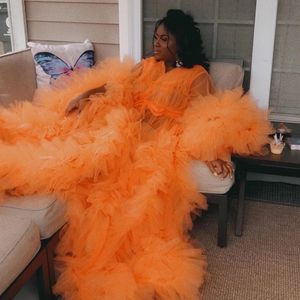 Robe de maternité en Tulle Orange à volants, séance Photo pour femmes enceintes, Robe de photographie, Kimono, Robe de bal de soirée, peignoir, vêtements de nuit