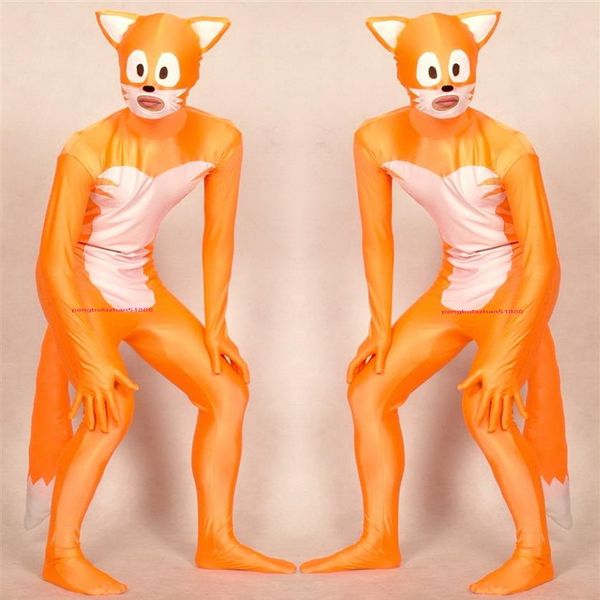 Orange Blanc Lycra Spandex Fox Catsuit Costume Unisexe Tenue Complète Sexy Femmes Hommes Collants Body Costumes Retour Zipper Halloween Pa222T