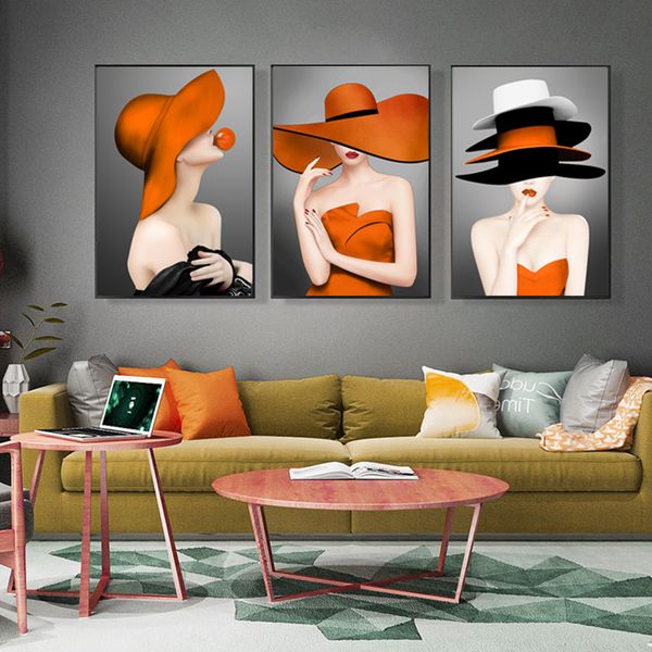 Orange femme nordique affiches plume mode peinture impressions sur toile Art mural pour salon moderne canapé décor à la maison Sexy fille