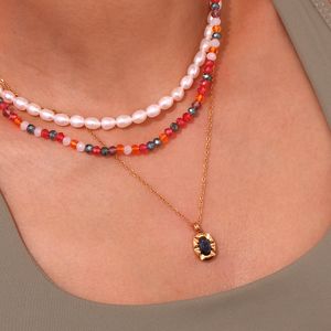 Orange jaune bleu mélangé à la main coloré perles de cristal en couches collier ras du cou brillant brillant fête collier de perles d'eau douce délicat Boho fait à la main