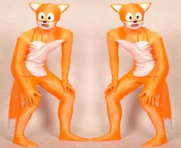 OrangeWhite Lycra Spandex Vos Catsuit Kostuum Unisex Volledige Outfit Sexy Vrouwen Mannen Panty Body Kostuums Terug Rits Halloween Pa1811950