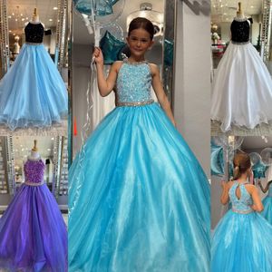 2024 Aqua Velvet Sequined Pageant Dress for Girls - Crystal Embellished Formal Birthday Party Gown for Toddlers to Teens