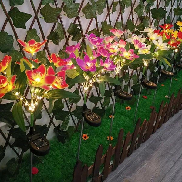 Lampe orchidée orange rouge simulation de fleurs décoration de jardin étanche éclairage extérieur éclairage solaire 600mAh batterie