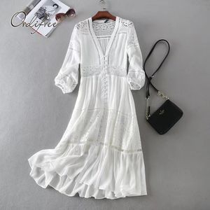 Ordifree 2019 zomer vrouwen lange tuniek strand jurk sundress lange mouwen witte kant sexy boho maxi jurk T5190615