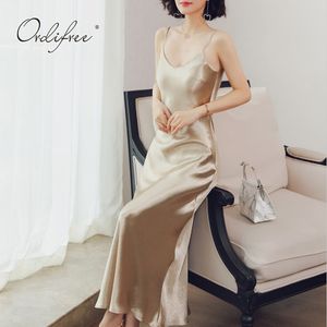 Ordifree 2020 été femmes longue robe en Satin vin rouge Vintage Sexy Maxi robe de soirée soie Slip robe grande taille Y0118