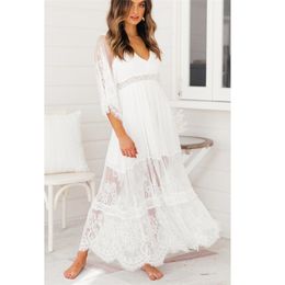 Ordifree 2021 Zomer Boho Dames Maxi Jurk Half Sleeve Split White Lace Long Tunic Beach Jurk 210320