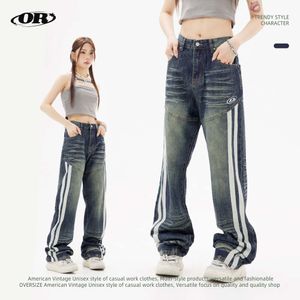 OREETA | Gepersonaliseerde Amerikaanse jeans Vintage gewassen jeans Zijstrepen Trendy merkjeans met rechte pijpen voor heren