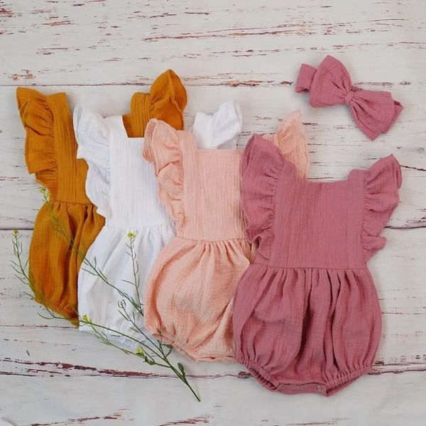 Vêtements d'été en coton biologique pour bébés filles, Double gaze, barboteuse à volants, bandeau, combishort rose poussiéreux pour né 240127