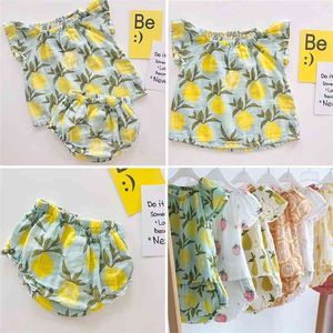 Coton biologique doux au toucher bébé fille vêtements d'été ensembles joli motif de fruits à manches courtes t-shirt Bloomers tenues 210619