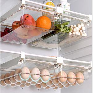 Organisation 2021 Organisateur de réfrigérateur en plastique transparent coulissant sous étagère, boîte de tiroir, support de réfrigérateur, tiroir de cuisine, boîte de rangement des fruits et des aliments
