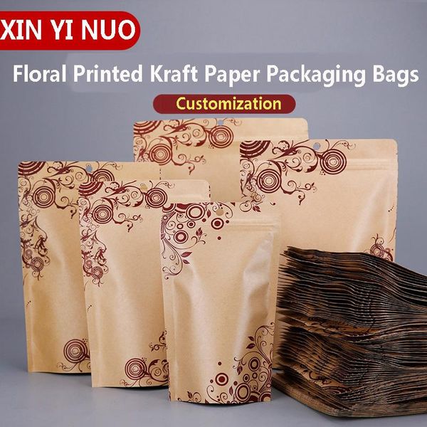 Organisation 50pcs / lot Grade alimentaire Sacs d'adhésif Kraft Paper Floral Sac d'emballage imprimé Personnalisation personnelle