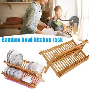 Égouttoir à vaisselle pliable en bambou, Organisation, assiettes en bois, tasses, support à 2 niveaux, fournitures de cuisine pliantes _ WK