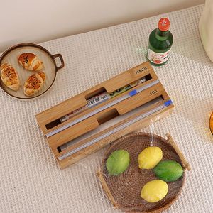 Organisation Bambou Bamboo Wrap Dispensver Cutter Food Wrap Film Film Film Film Aluminium Tin Foil Rangement Boîte à découper pour la maison