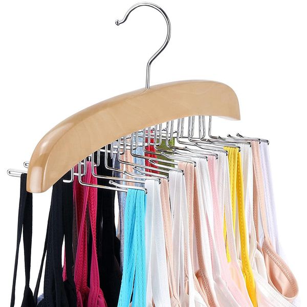 Organización Camisole Hanger Organizador de camiseta de tanque de madera con 24 ganchos de metal 360 grados Rotación Vestido de tiras Cugadora multipropósito para