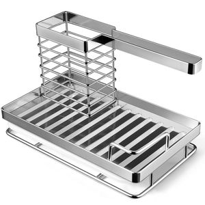 HOMEMAXS Organisateur d'évier de Cuisine Plat en Acier Inoxydable Porte-ustensiles de Cuisine Support à Brosses éponge avec bac de vidange pour la Cuisine à Domicile R