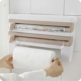 Organización soporte para papel de cocina, película de aluminio, cortador de envoltorio de plástico, colgante de pared, estante de almacenamiento para cocina, organizador de cocina