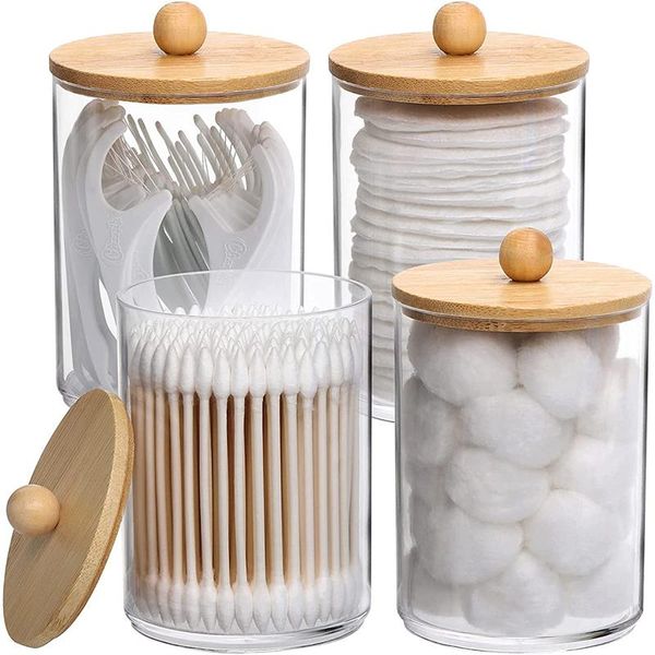 Boîte de rangement Organisateur de maquillage d'organisation Coton Toard Coton Tabs à billes Cosmetics Boîte de rangement QTIP HOLDER avec couvercle en bambou pour salle de bain