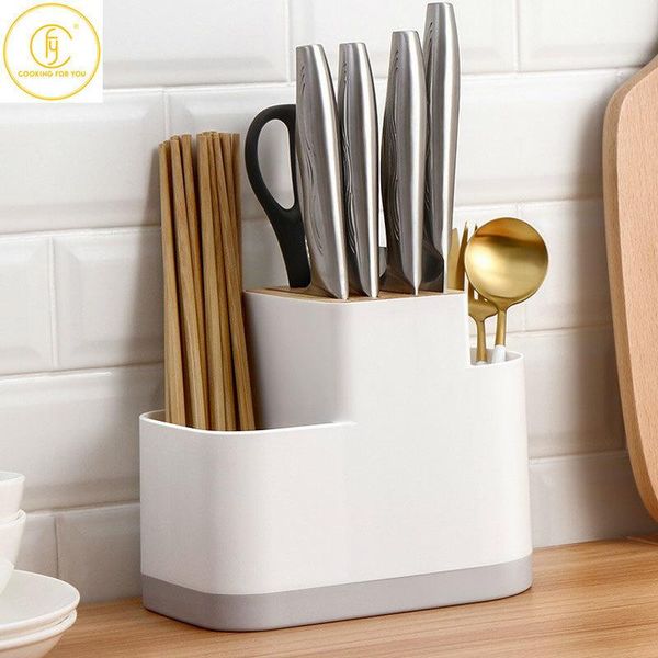 Organisation Supports de rangement multifonctions en plastique avec couvercle en bois baguettes cuillère couteau de cuisine conteneurs de rangement organisateur d'armoire de cuisine