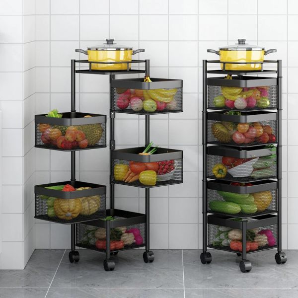 Organisation étagère de cuisine en plusieurs calques tournante avec roues, chariot de rangement pour fruits de légumes oignons, étagère d'organisation domestique en métal