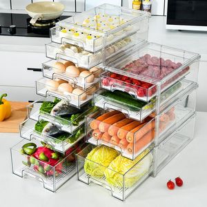 Organisatie Stapelbare koelkast-organizerbakken met uittrekbare lade Doorzichtige plastic keukenvoorraad Eieren Fruitgroenten Opslagcontainers