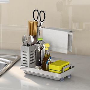 Organisateur d'évier de cuisine en acier inoxydable, porte-brosse à savon éponge sans poinçon avec bac de vidange, support de séchage de cuisine de qualité supérieure