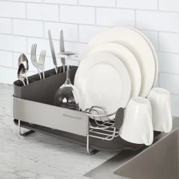 Égouttoir à vaisselle Compact en acier inoxydable, gris satiné, organisation de rangement de cuisine, plateau, accessoires de cuisine