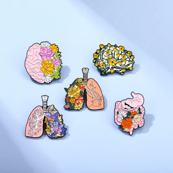 Organes fleur d'émail émail corps coeur internal cerveau de poumon poumon de la plante pulmonaire papillon broche badge de revers médical bijoux punk cadeau en gros