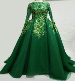 Organza Ball Jurk Prom Dresses lange mouwen groene moslim elegante bescheiden jurken avond islamitische prom jurk3477792