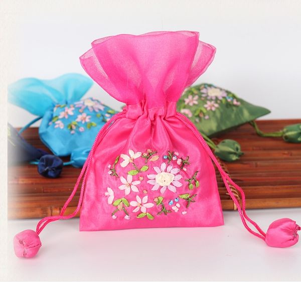 Organza Edge Vide Petit Sachet Sac À La Main Ruban Broderie Cordon De Mariage Sacs De Faveur Sacs D'emballage En Tissu De Soie 10 pcs/lot