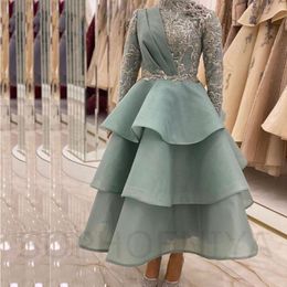 Organza Hoge nek Eveningjurken met lange mouwen 2022 Moslim Salie Green Lace Beading Prom feestjurken Robe de Soiree de Mariage