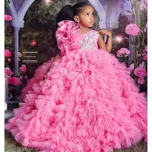 Organza Pink Pageant Quinceanera Robes pour petites filles licou d fleurs fleurs en dentelle Flower Girl First Communion Robe